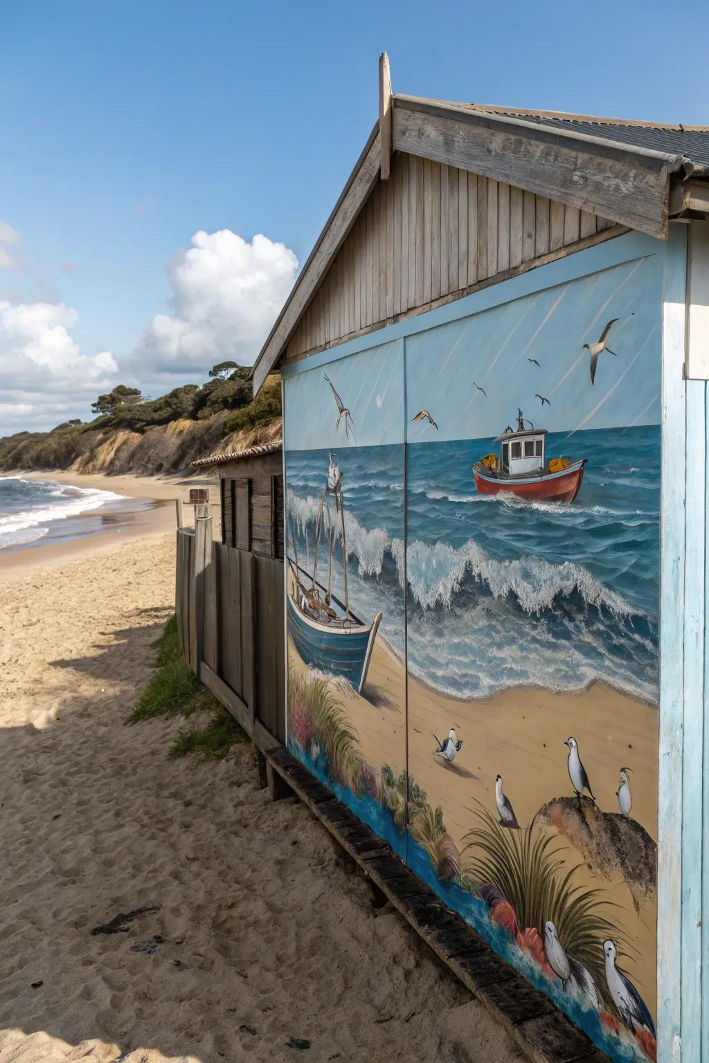 A seaside mural transforms a beach-themed refuge wall into an artistic work.