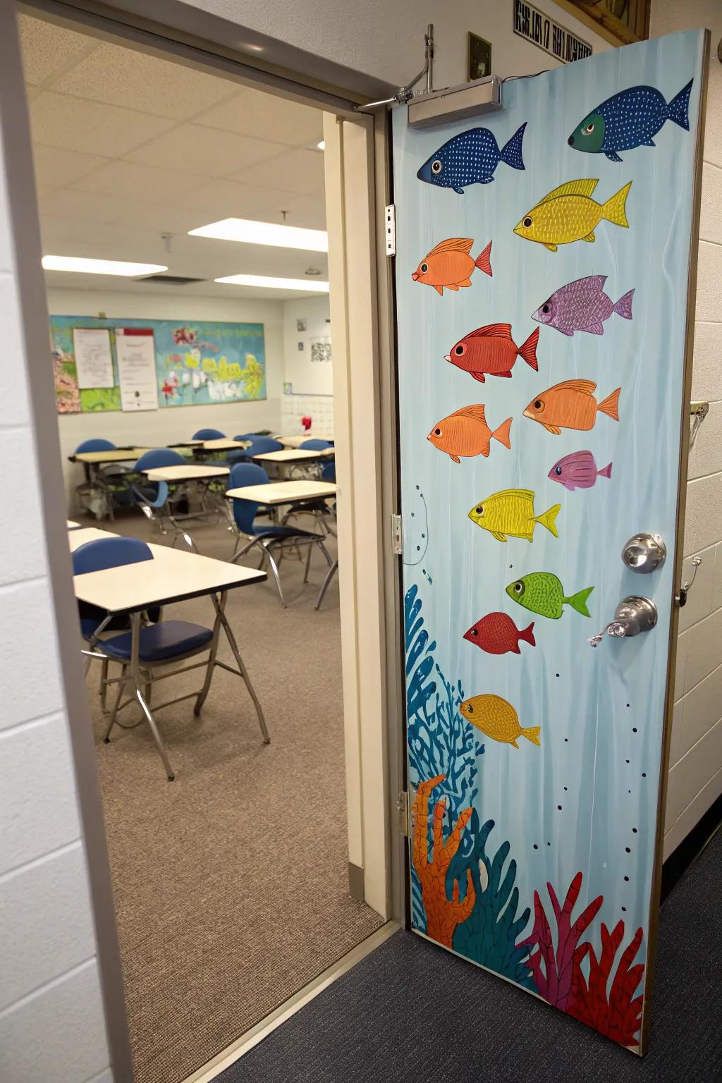 A spirited procession of tropical fish on a classroom door.