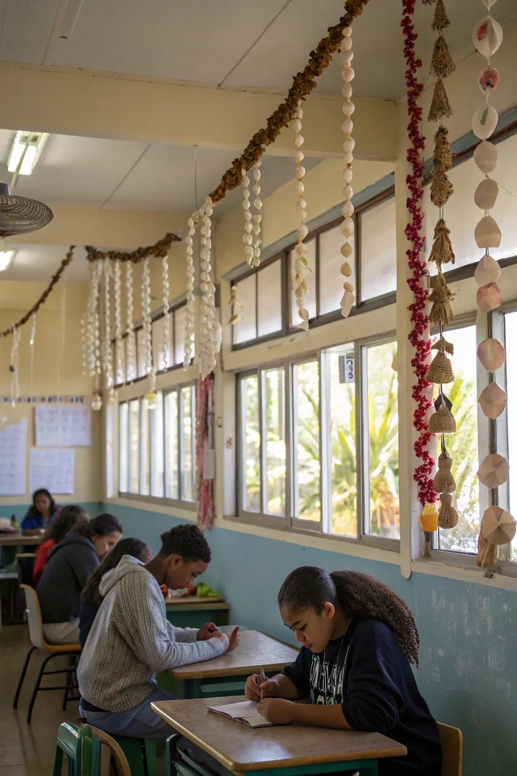 Seashell strand accents provide a delicate and elegant touch to the classroom décor, completing the beach theme.
