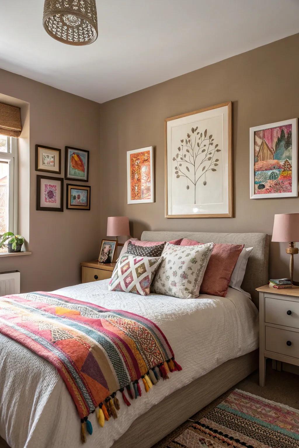 Chic taupes offer a neutral canvas for colorful expressions in your bedroom.