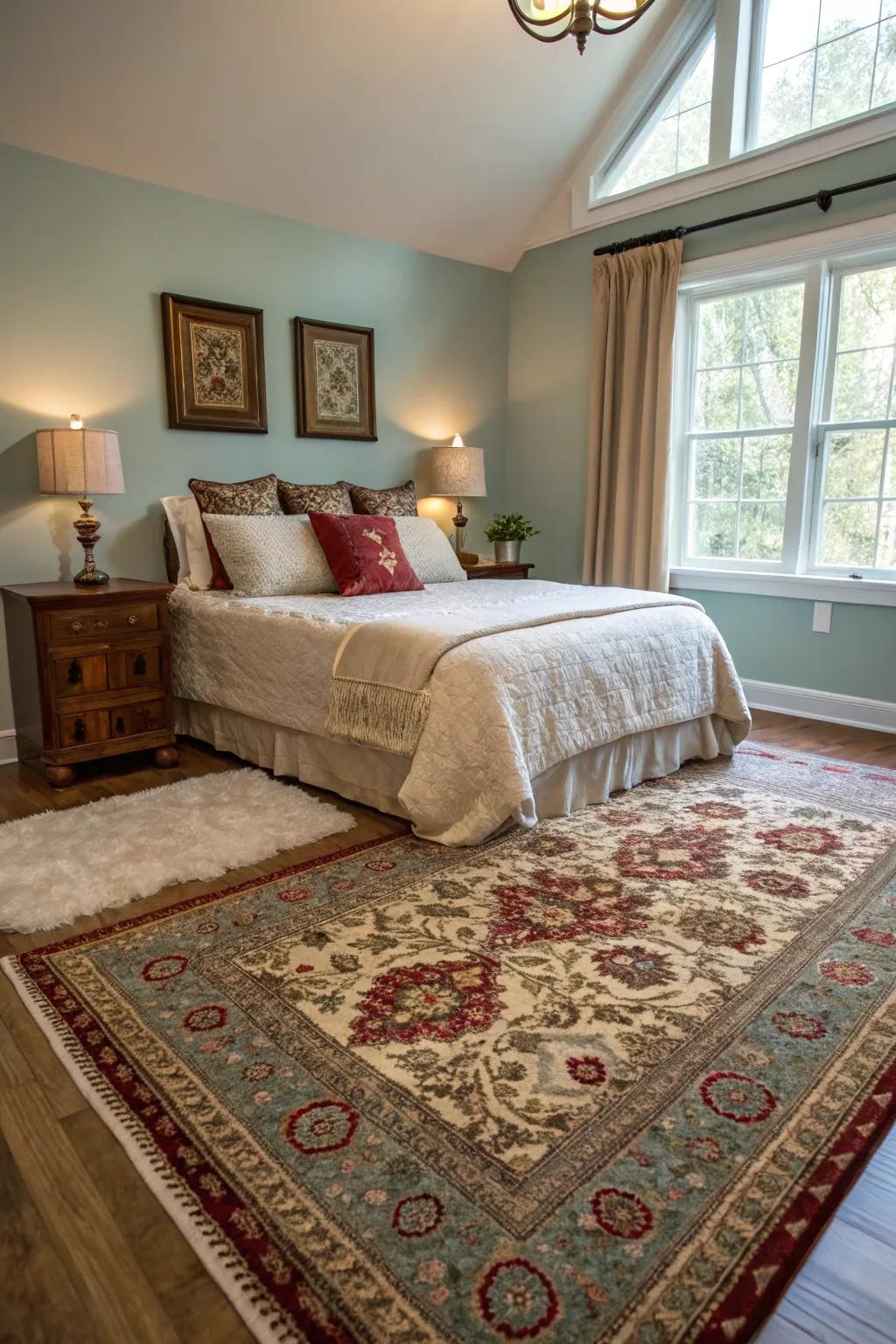 Ground rugs append texture and warmth to this welcoming bedroom.