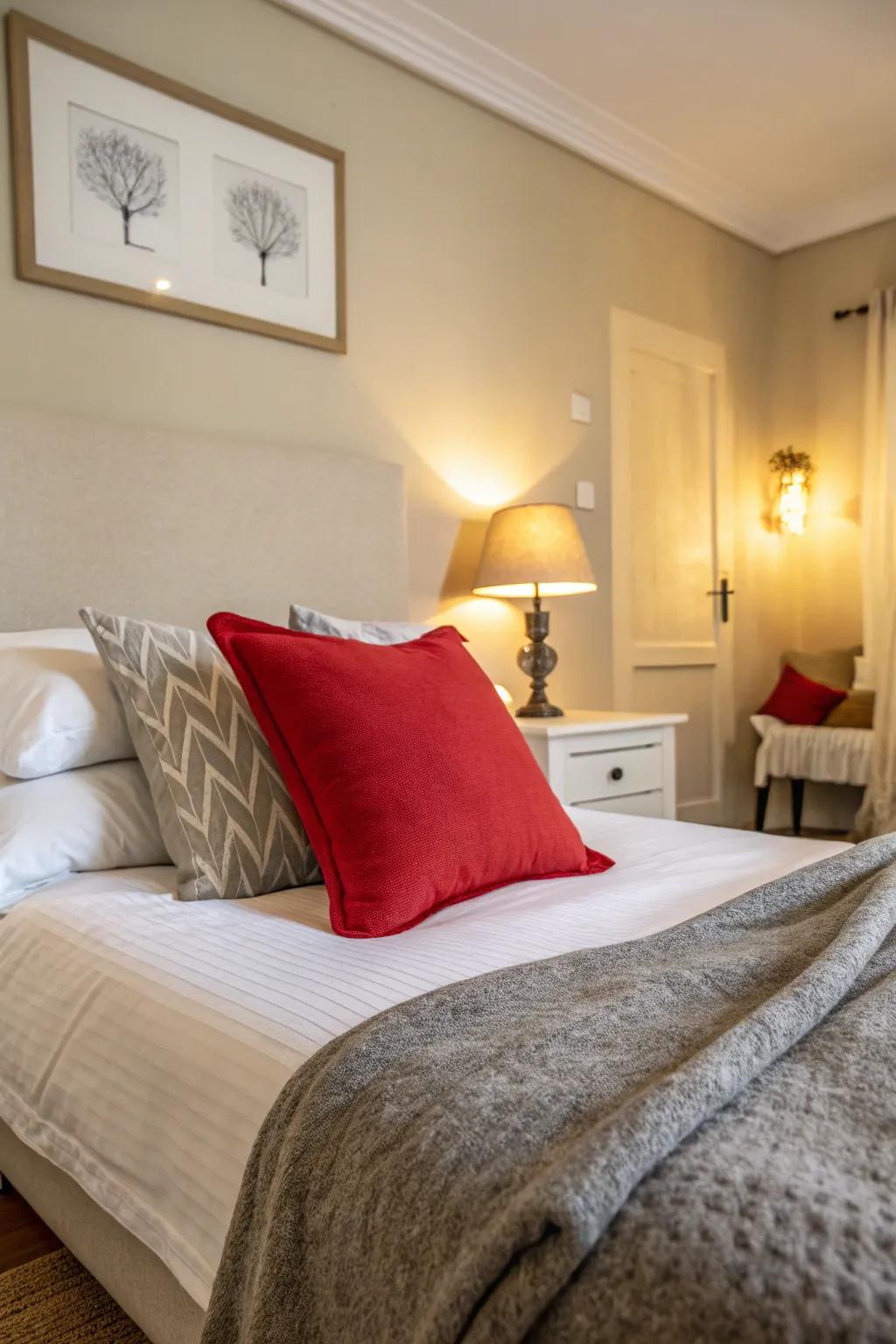 A bedroom enlivened by a pop of color.