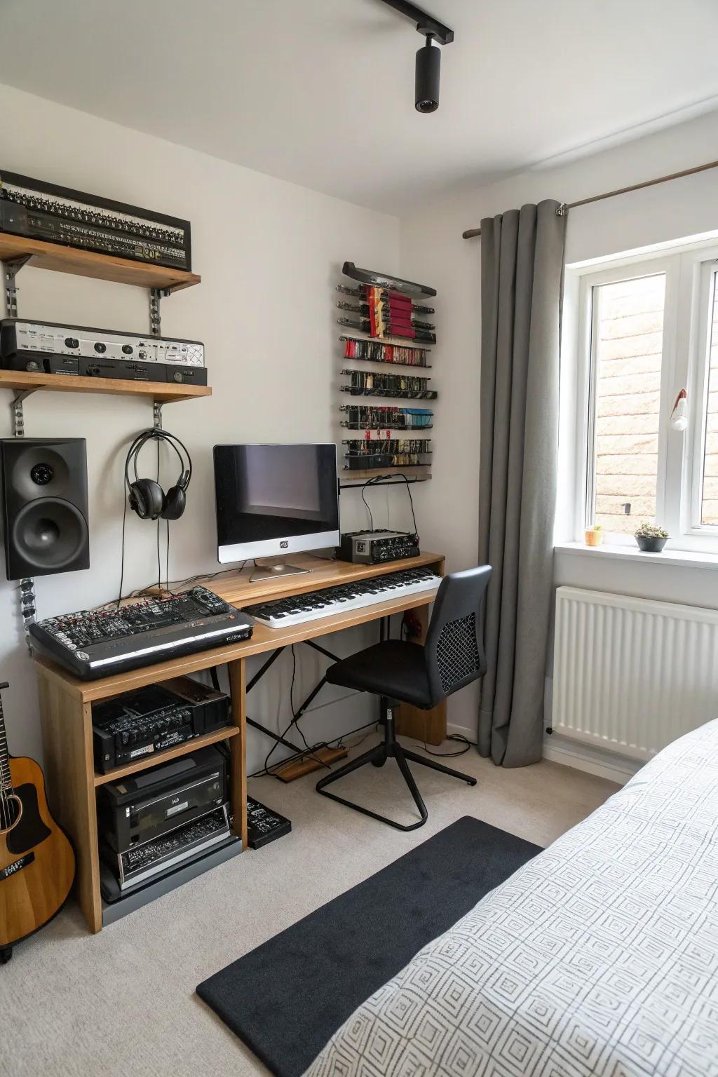 Concealed wire channels contribute a polished and tidy appearance to your music studio.