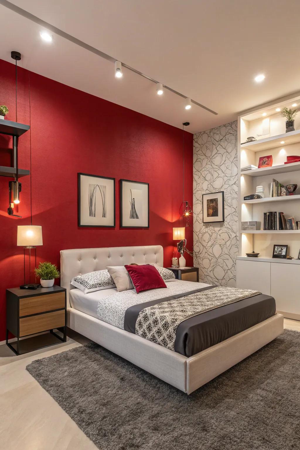 A striking bedroom with a bold ruby wall, adding drama and energy.