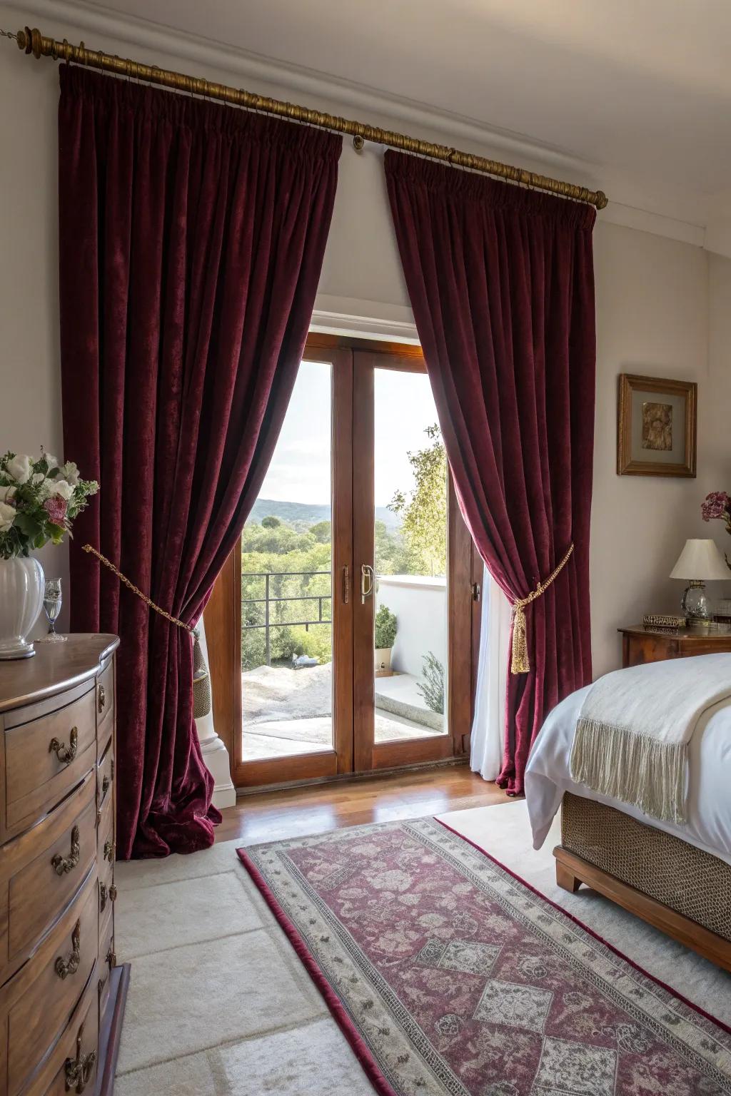 Velvet curtains add a luxurious touch to the balcony entries.