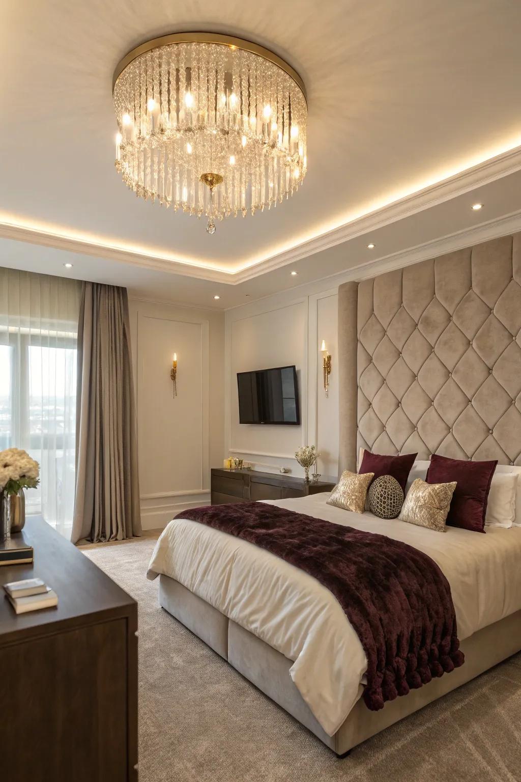 A statement light fixture elevates the elegance of your bedroom's TV area.