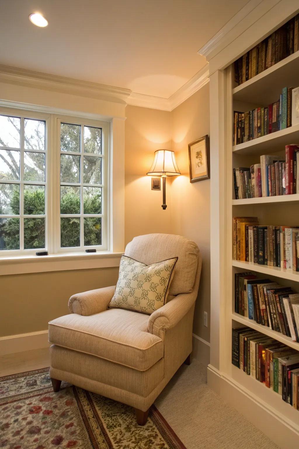 An inviting reading alcove across beige delivers a flawless escape.