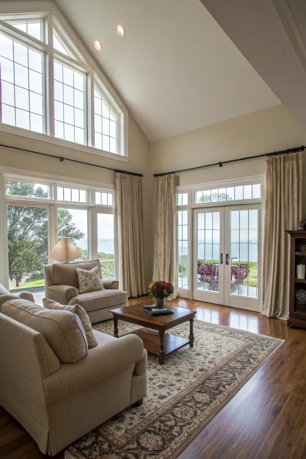 Top-to-bottom window coverings design a sense of height and grandeur.