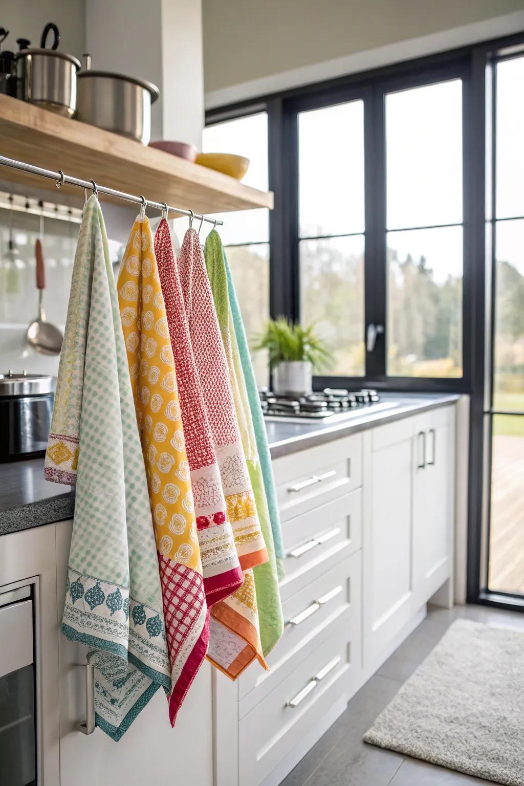 Charming kitchen textiles contribute a burst of color and practicality.