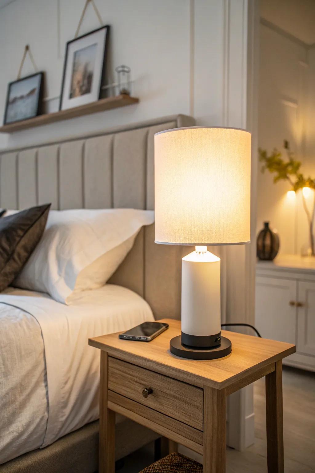 An intelligent bedside lamp creates a tranquil atmosphere, promoting restful sleep with its customizable lighting.