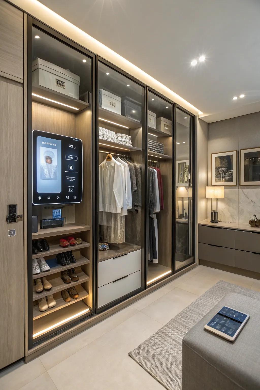 A modern closet equipped with smart technology features.