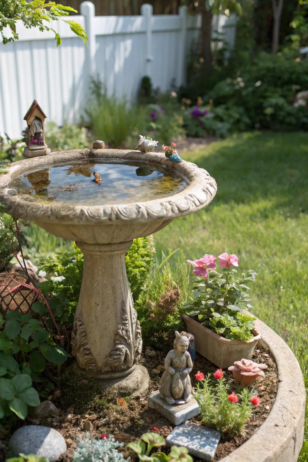 A bird watering spot transformed into a mesmerizing diminutive panorama.