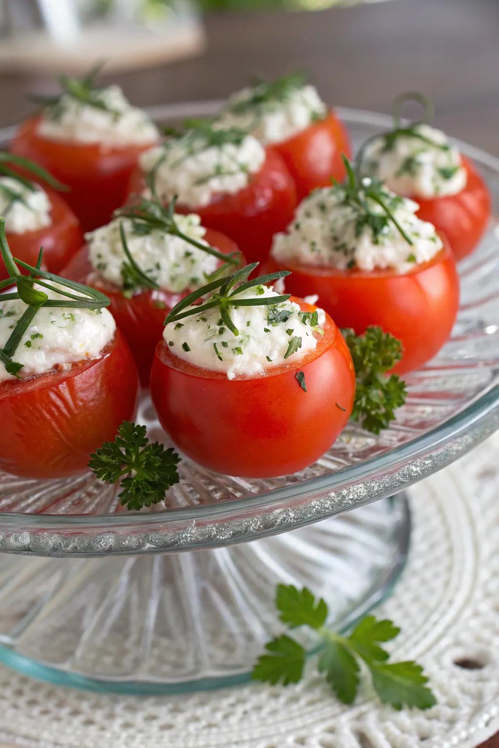 Flavorful stuffed cherry tomatoes, a burst of freshness.