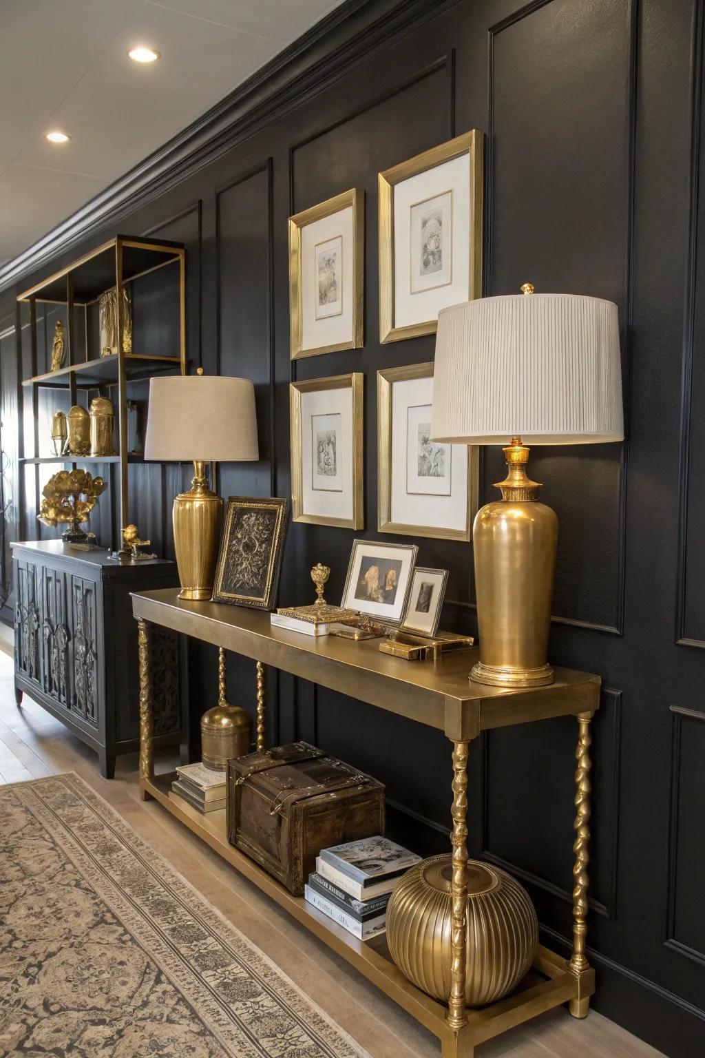 A room where a black accent wall is enhanced by bronze decor elements for a touch of glam.