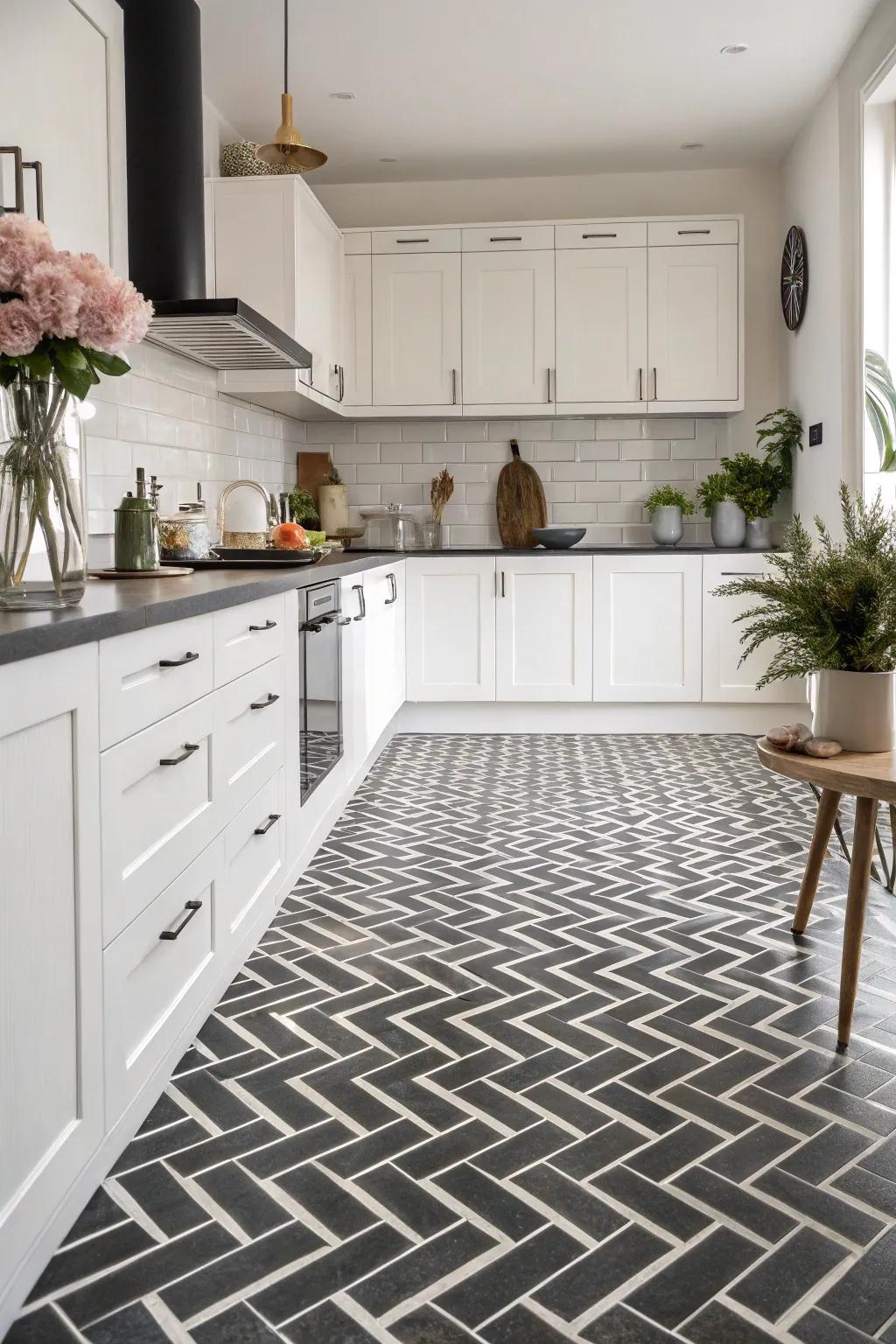 Distinctive herringbone flooring introduces visual curiosity.