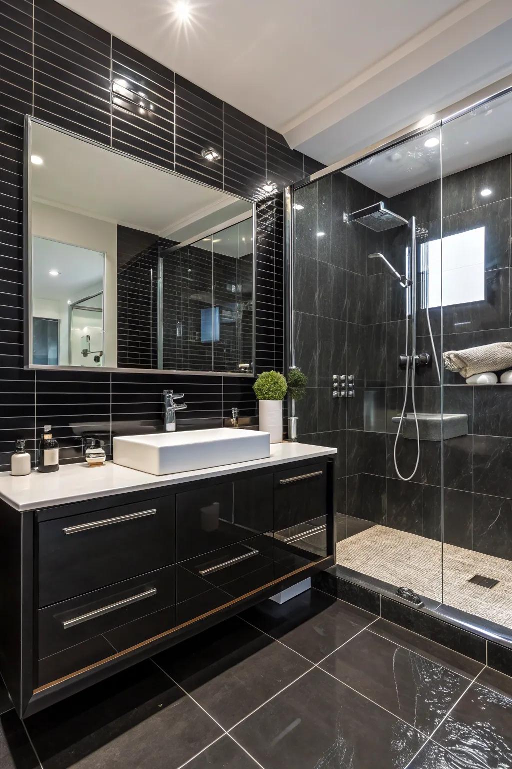 Glistening ebony tiles reflect light, introducing brightness and space.