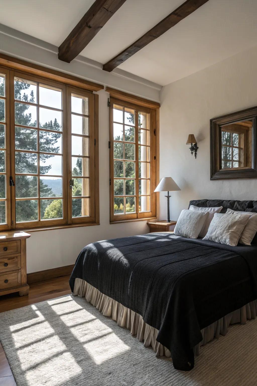 Finding a balance between black bedding and natural brightness.