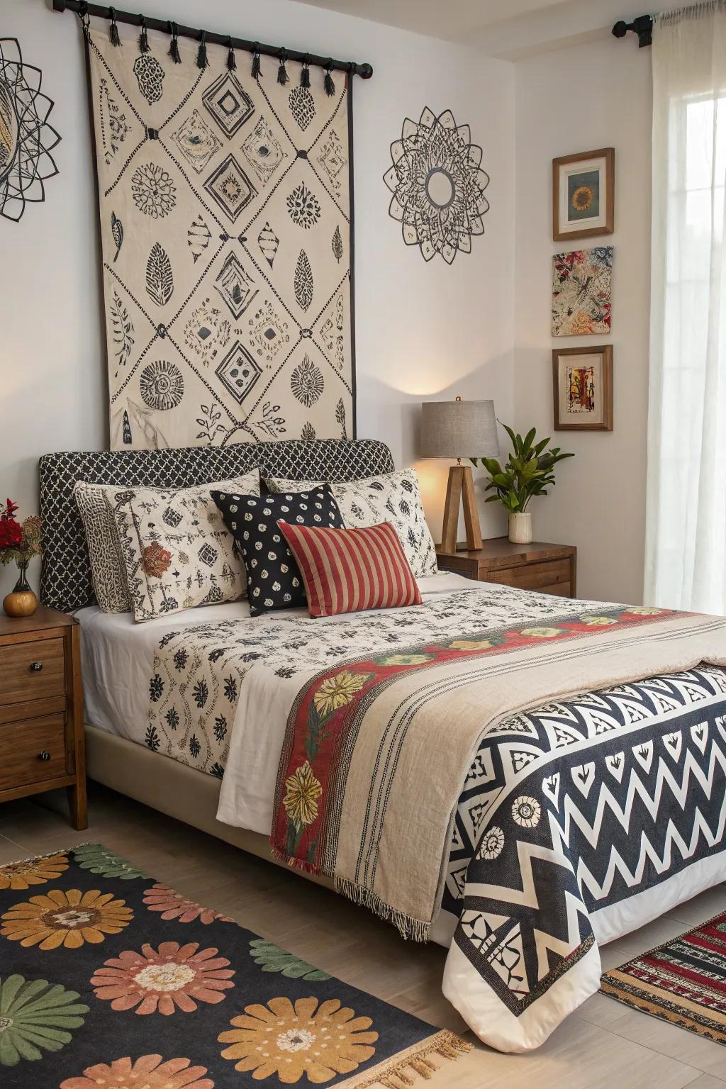 Mixing patterns creates a dynamic and visually interesting room.
