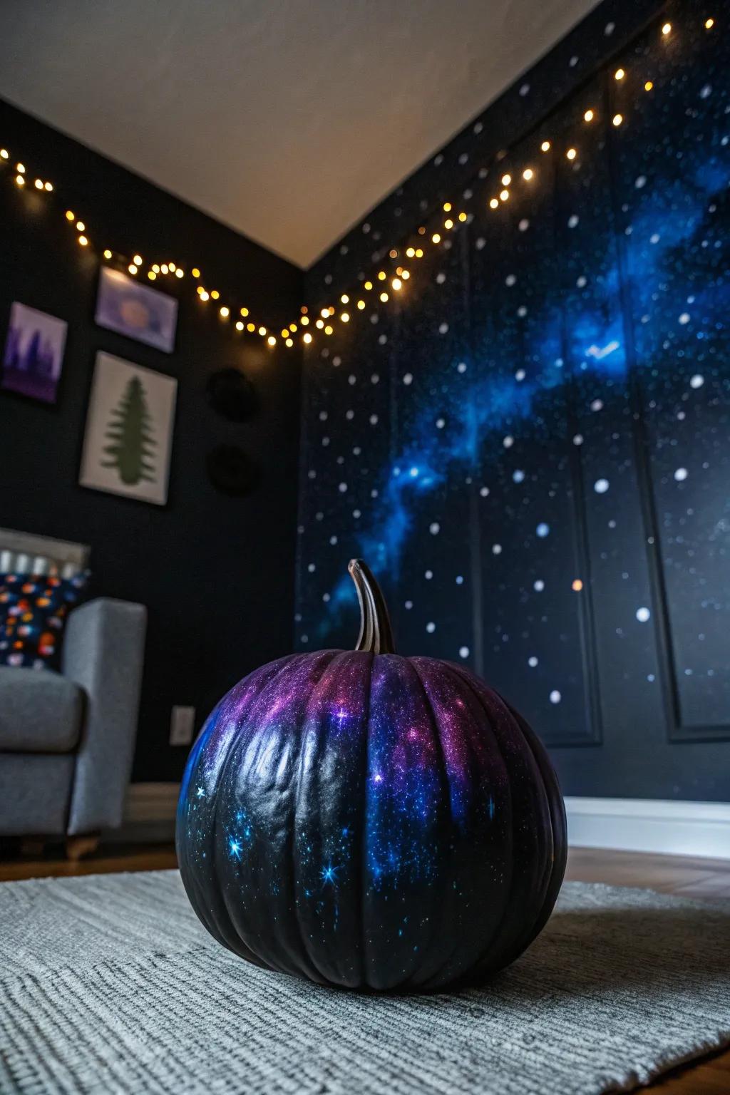 A black pumpkin with a galaxy design, captivating with its cosmic allure.