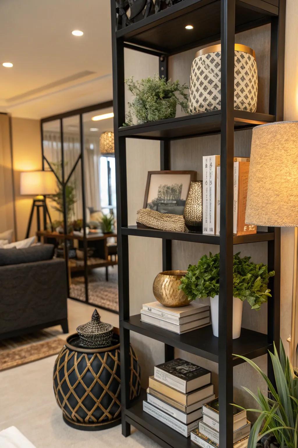 Hue-harmonized design fashioning a harmonious appearance on a dark shelf.