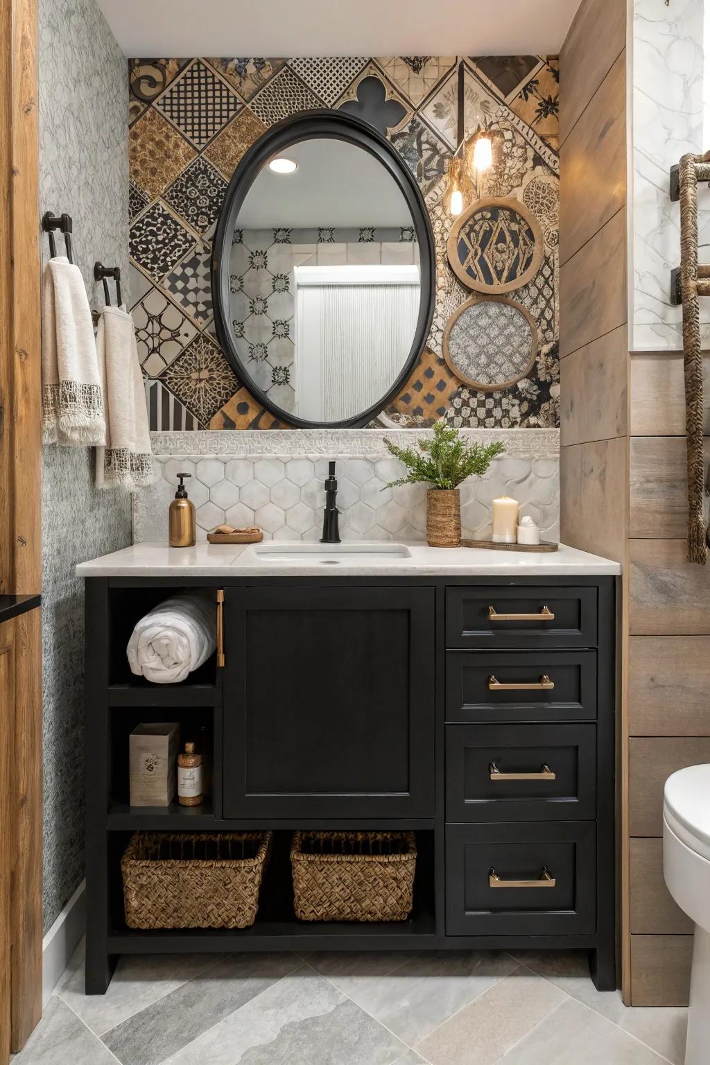 An eclectic mix of finishes around a dark sink console introduces dimension and intrigue.
