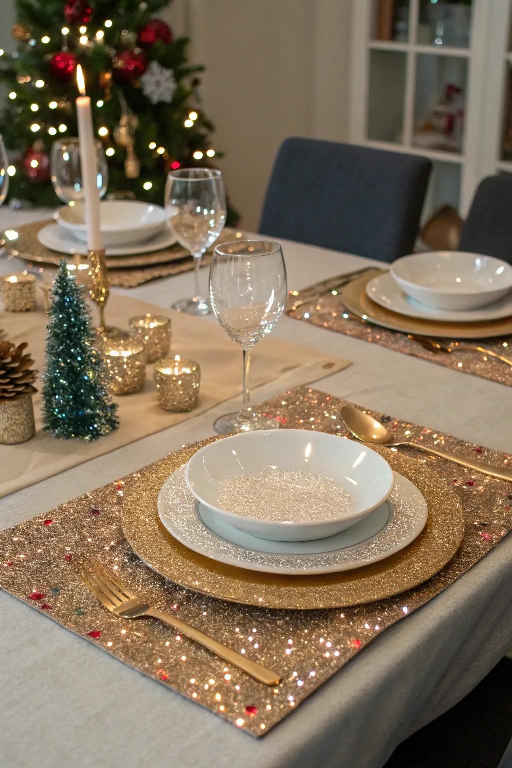 Table arrangements shimmer with festive charm.