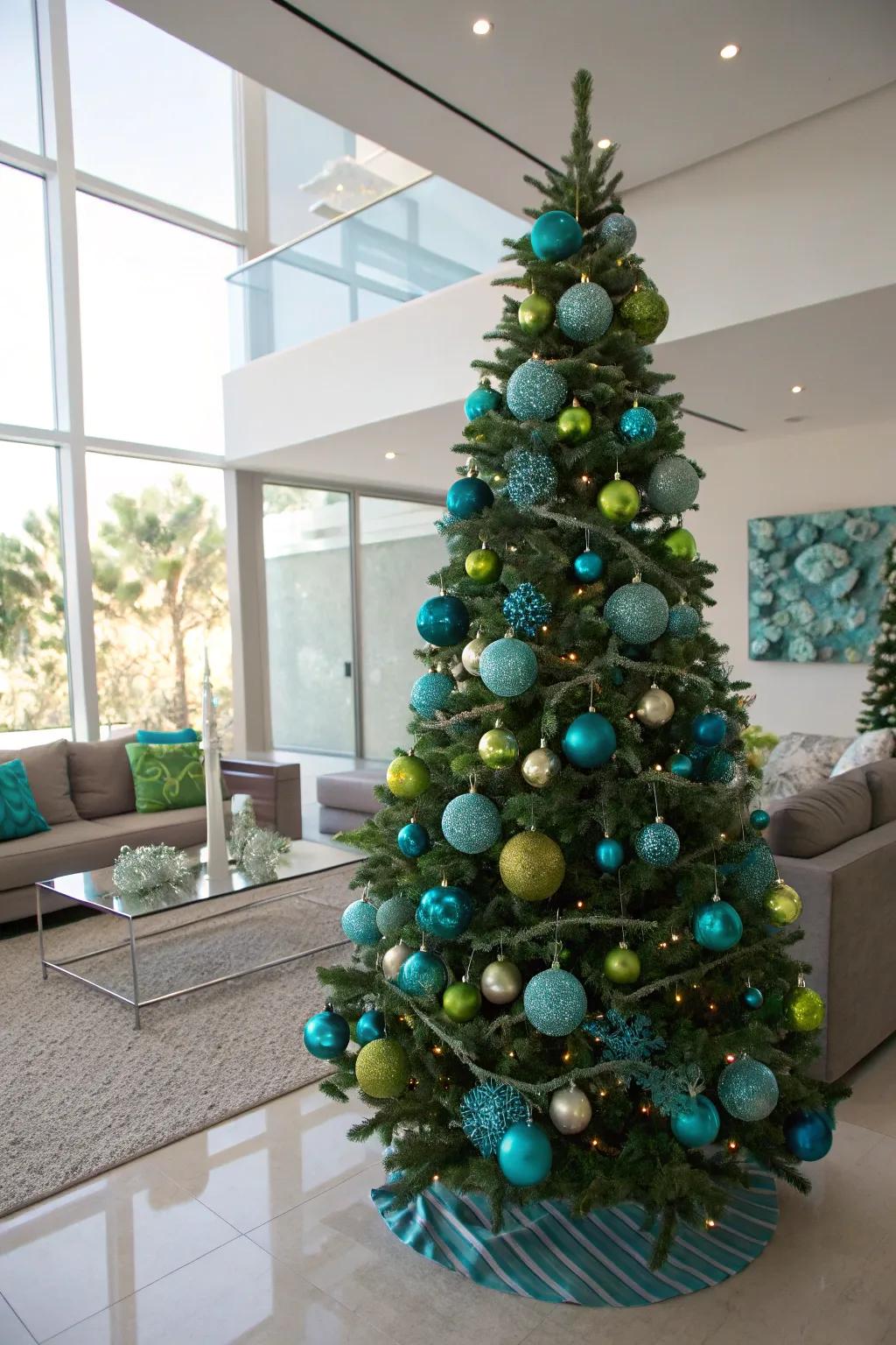 A cyan and chartreuse tree radiating modern glamour.
