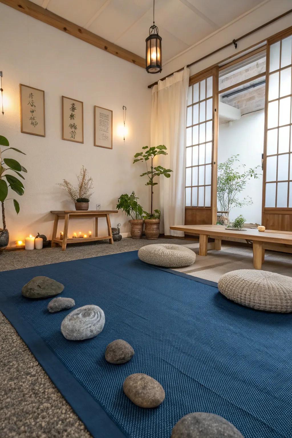 A blue carpet lays the groundwork for a serene, Zen-inspired living expanse.