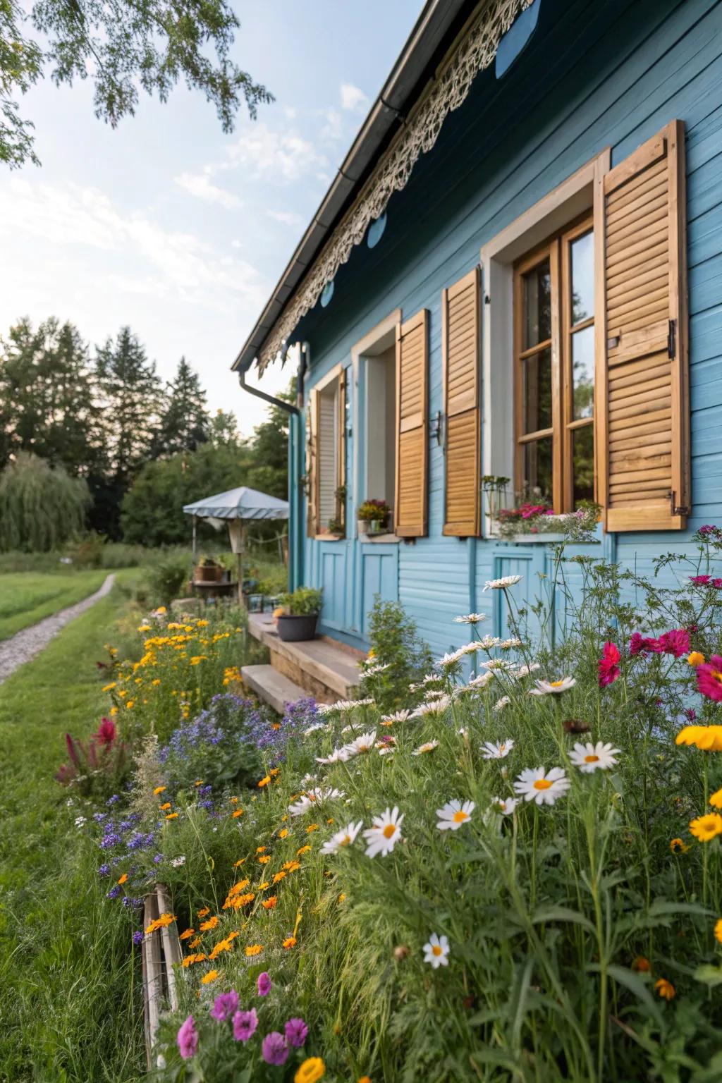 Wooden shutters enhance the rustic charm of blue homes.