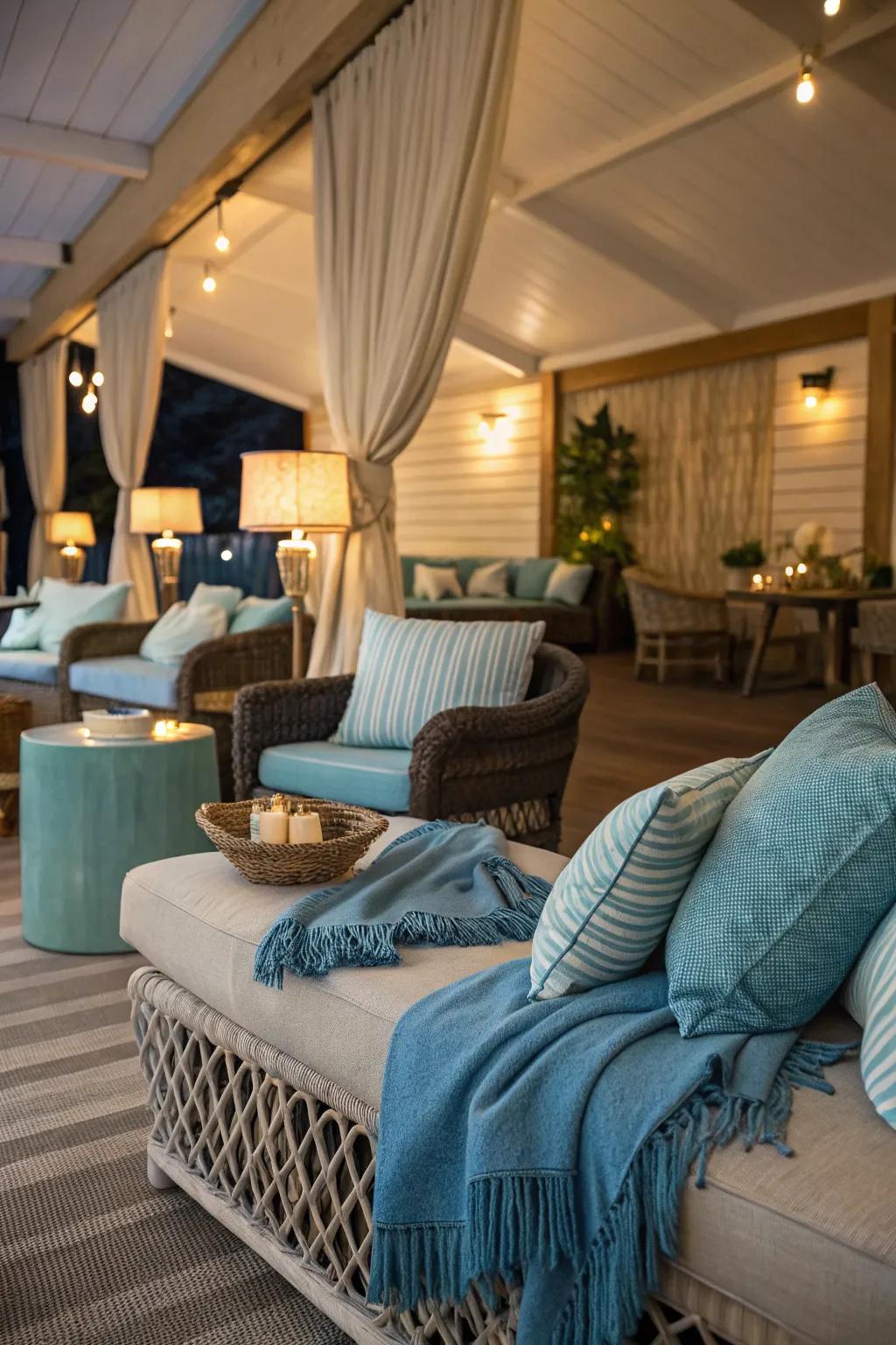 A refined azure-themed getaway spot delivers comfort and panache.