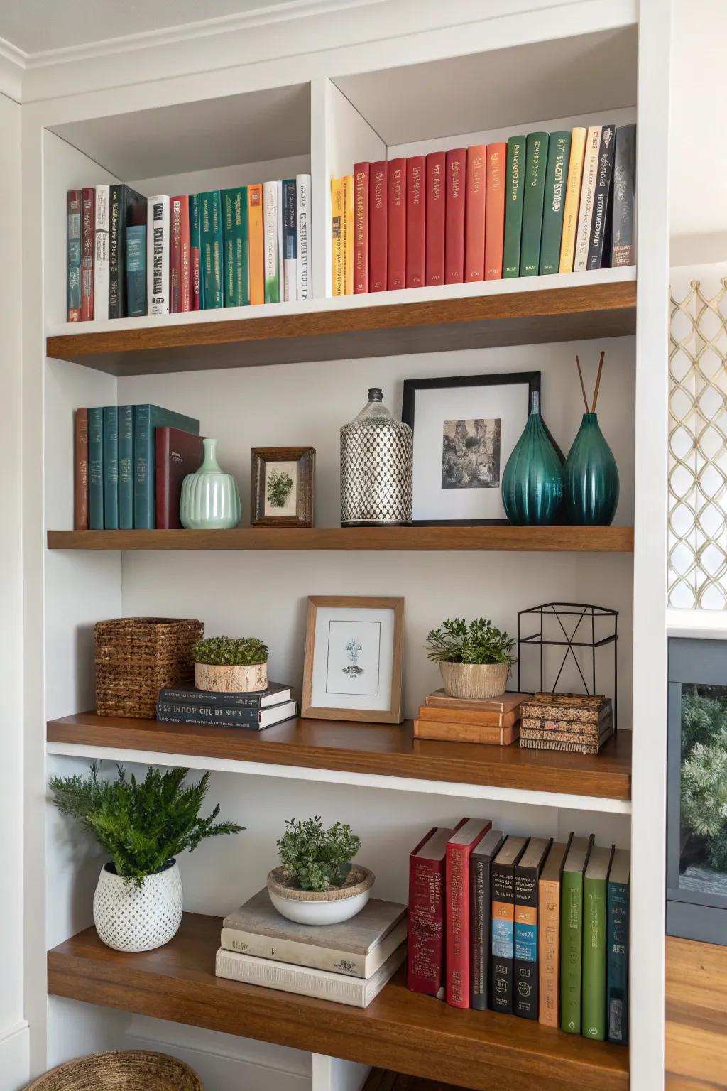 Uneven shelves create an interesting and vibrant bookshelf display.