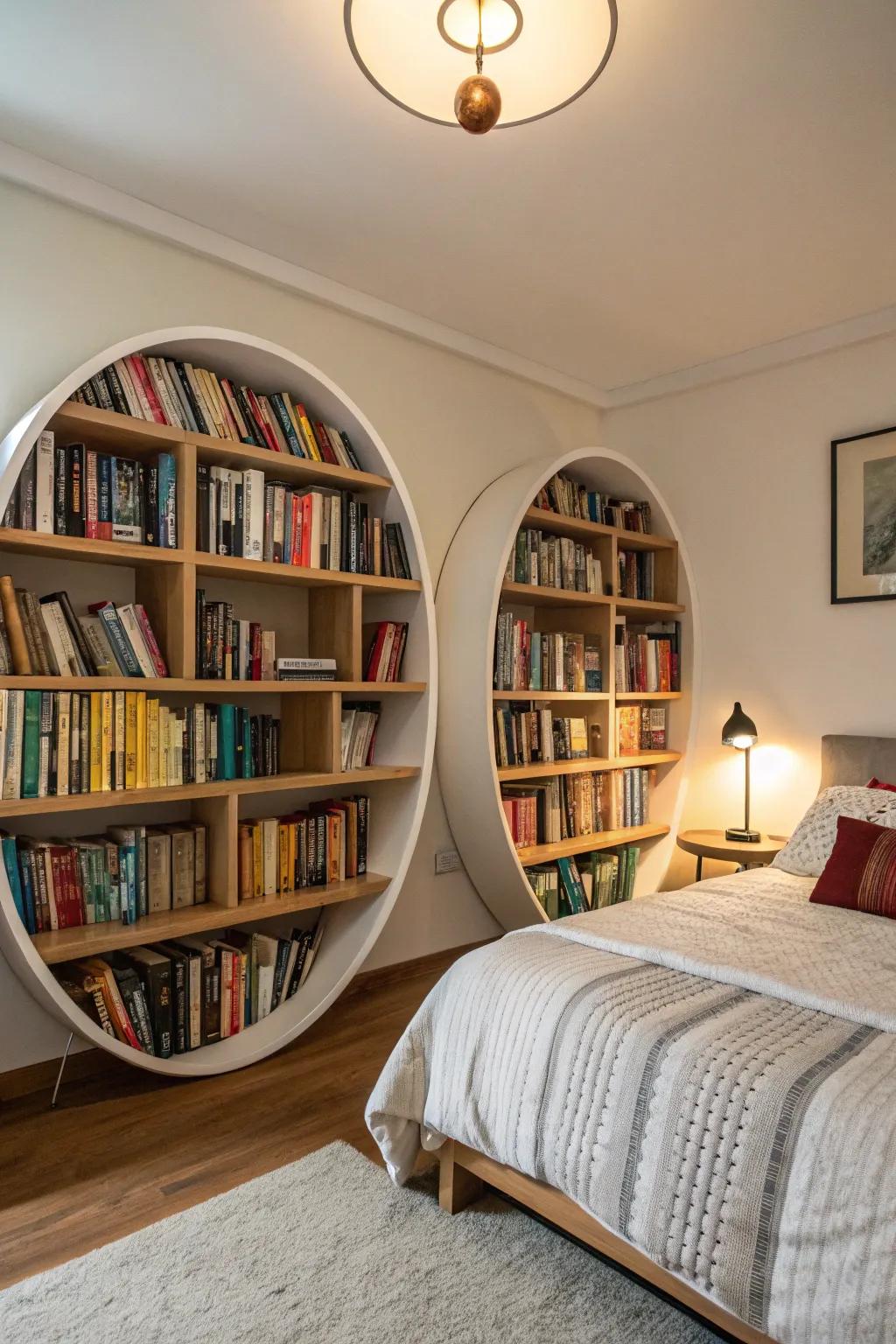 A statement piece: curvilinear bookcases that introduce visual interest.