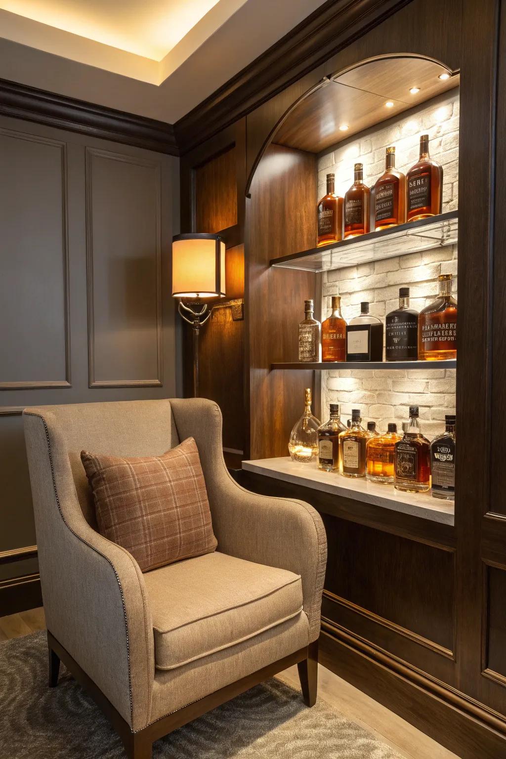 A corner nook transforms into a cozy bourbon spot.
