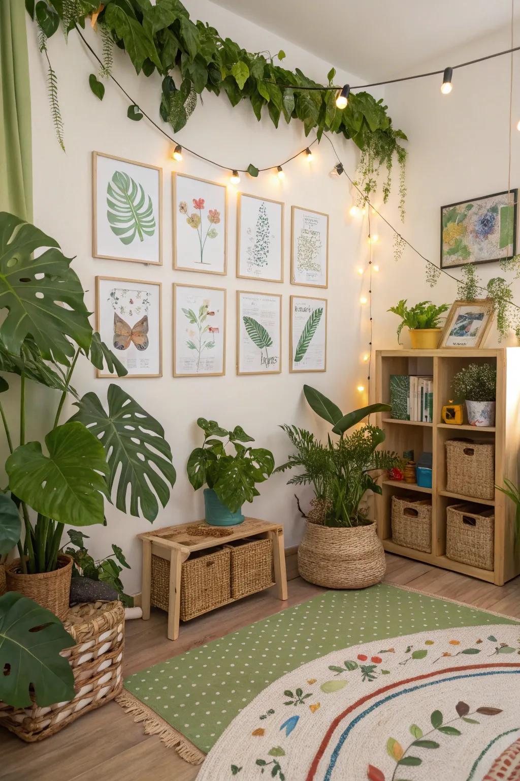 Nature-themed decor brings tranquility and freshness to the room.