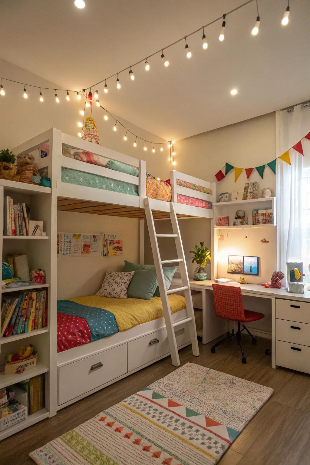 Multi-tiered lighting provides versatility and style in a shared space.