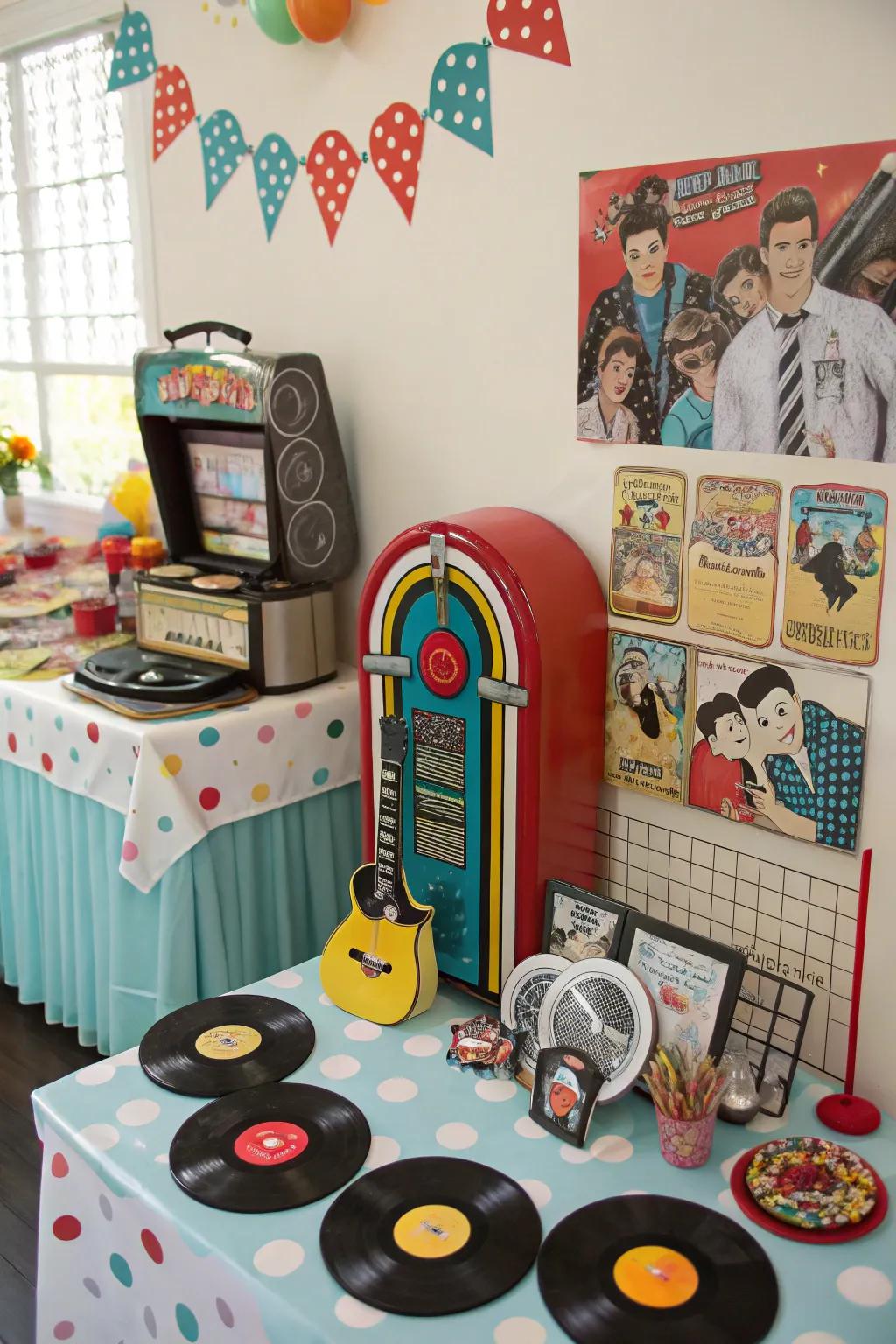 A swing dance-themed baby shower featuring vintage and musical items