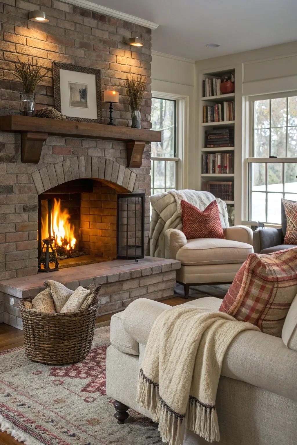 A brick hearth matched with soft fabrics, making for a snug getaway.