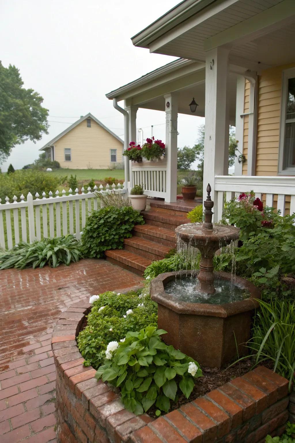 A water element enhances the tranquil ambiance of this beautiful porch.