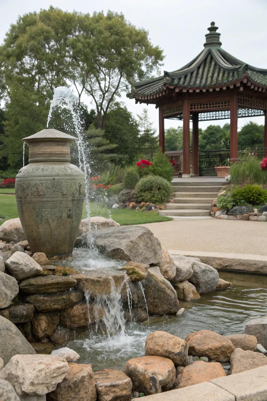 Cultural touches contribute depth and intrigue to this garden fountain.