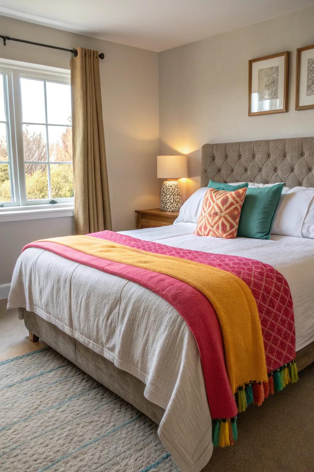 A burst of color through textiles invigorates a neutral bedroom palette.