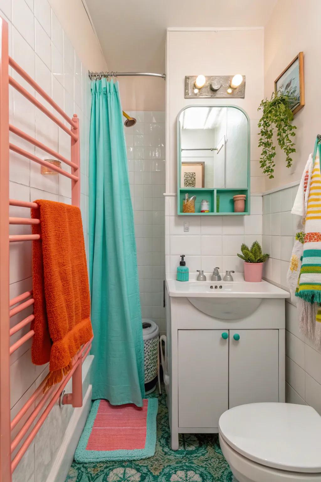 In this small bathroom, strong accents lend a sense of drama.