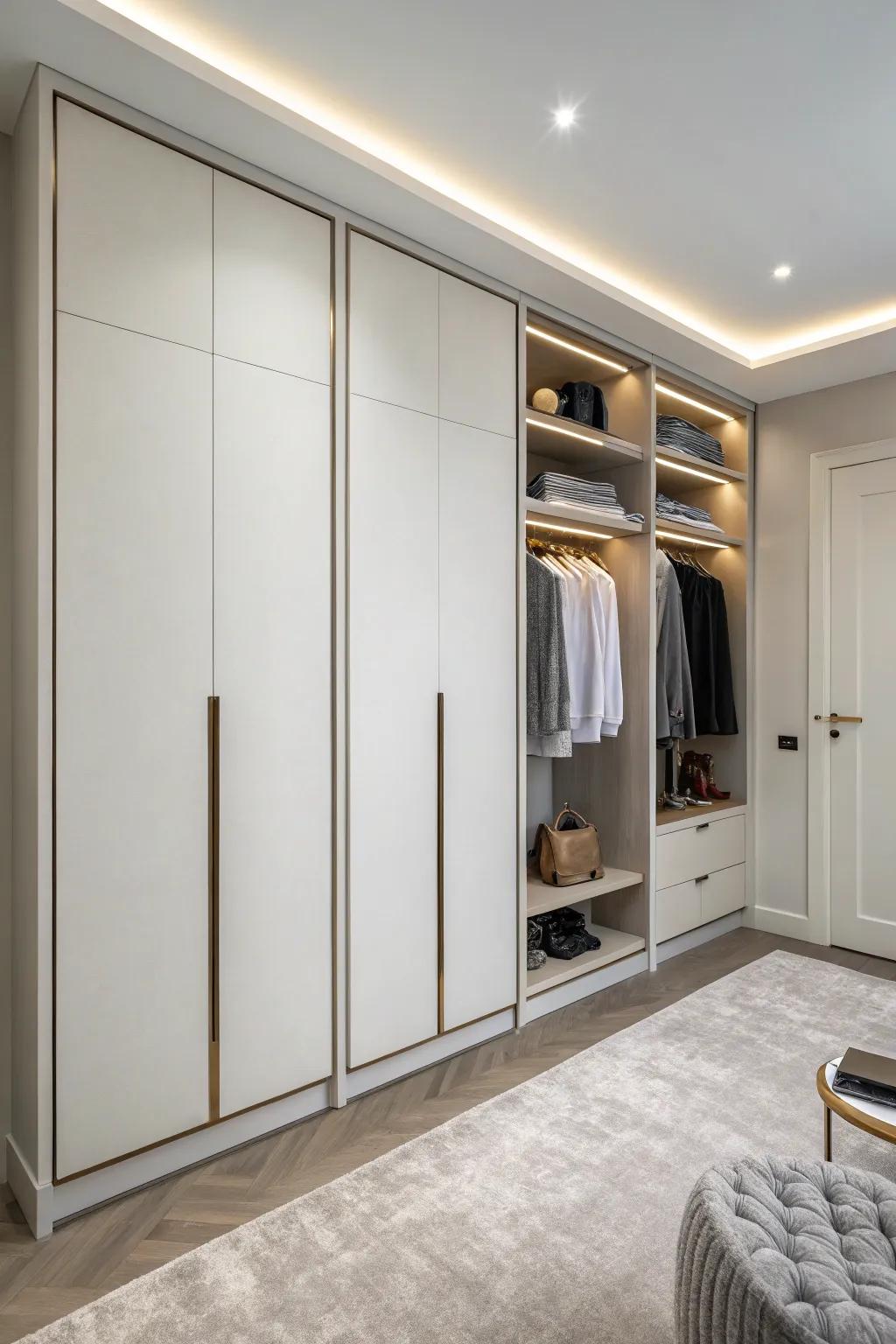 Handle-free panels create a sleek and modern wardrobe layout.