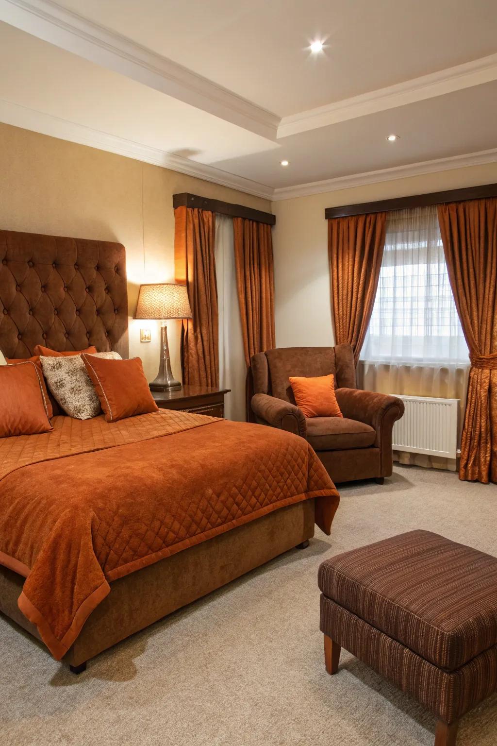 Brown upholstered furniture sets a foundation of classic comfort, beautifully complementing burnt orange accents.