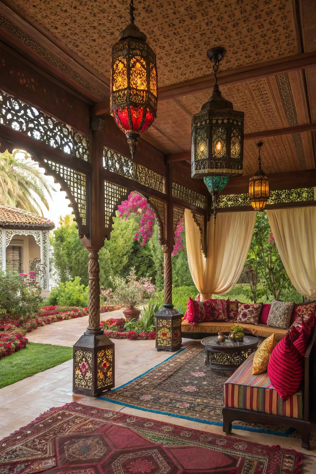 A vibrant Moroccan cabana featuring rich patterns and decor.