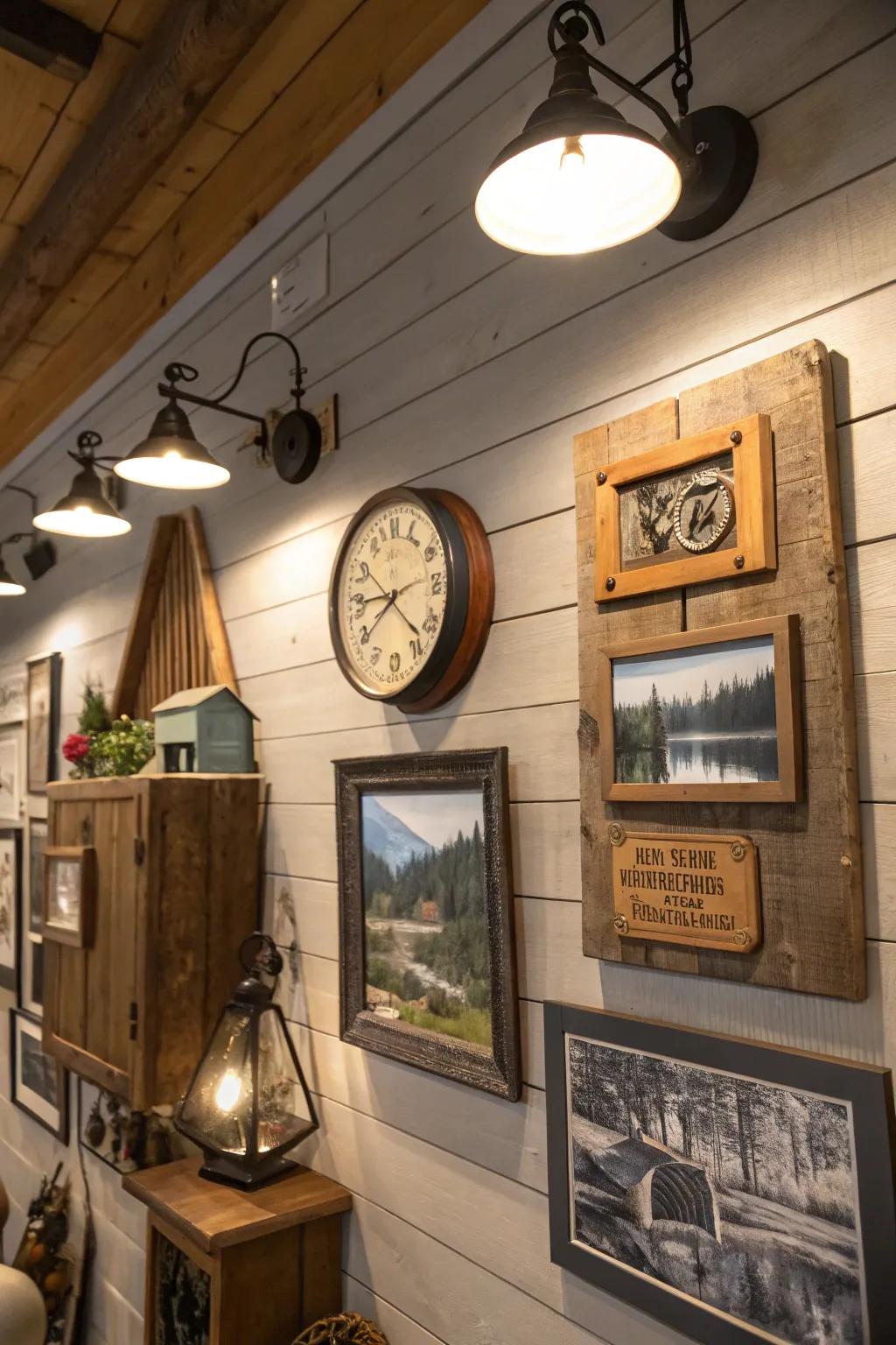 Spotlights highlighting art and decor in a cabin.