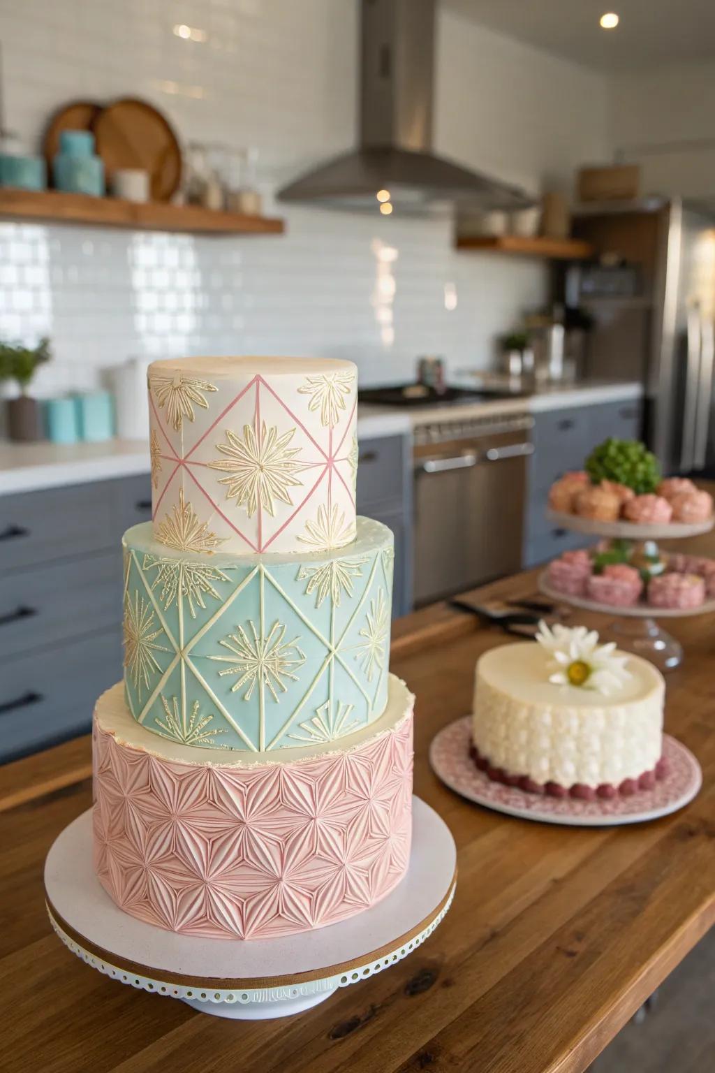 Contemporary geometric patterns exhibited in buttercream