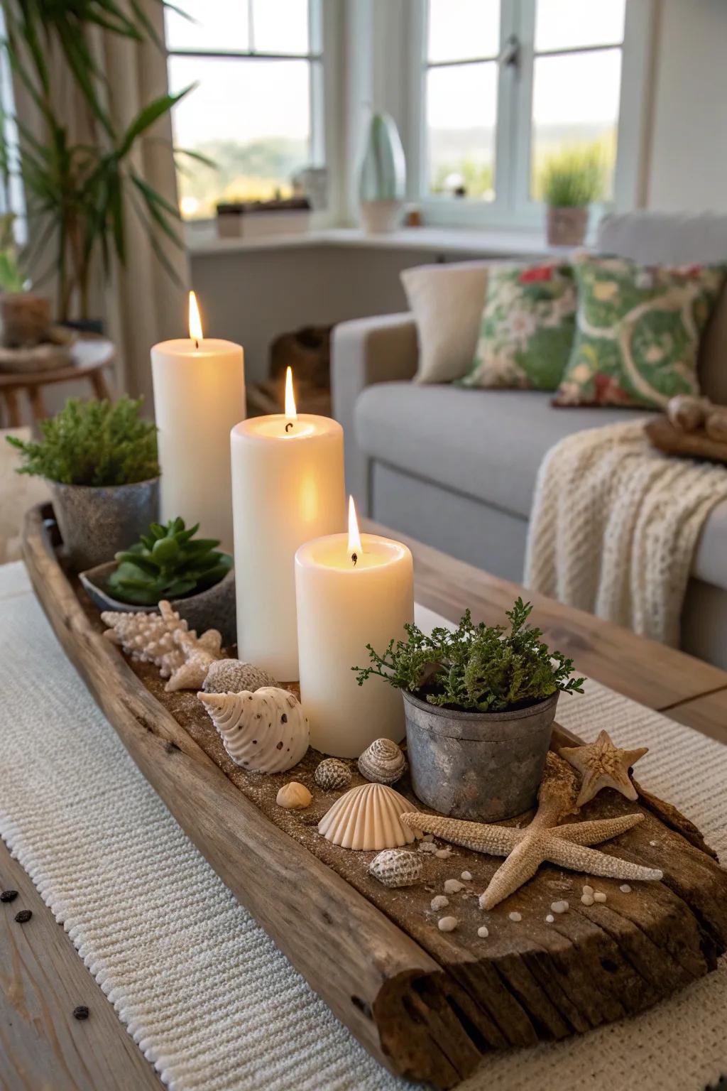 Candles and driftwood bring a coastal feel to your decor.