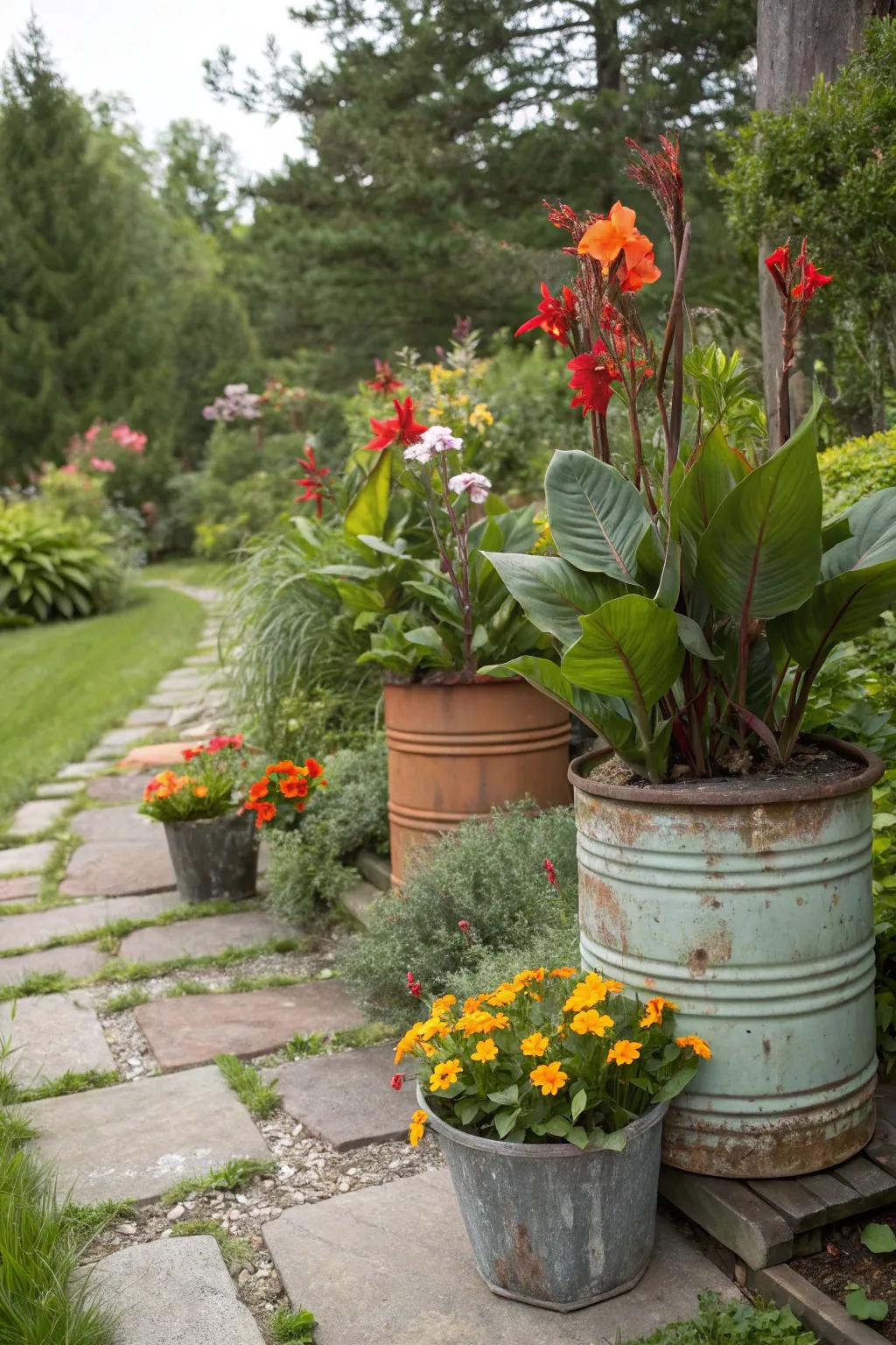 Eco-conscious flair with glory plants in repurposed containers.