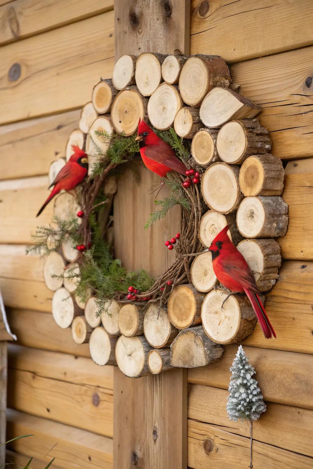 A rustic wreath featuring cardinals and natural wood components.