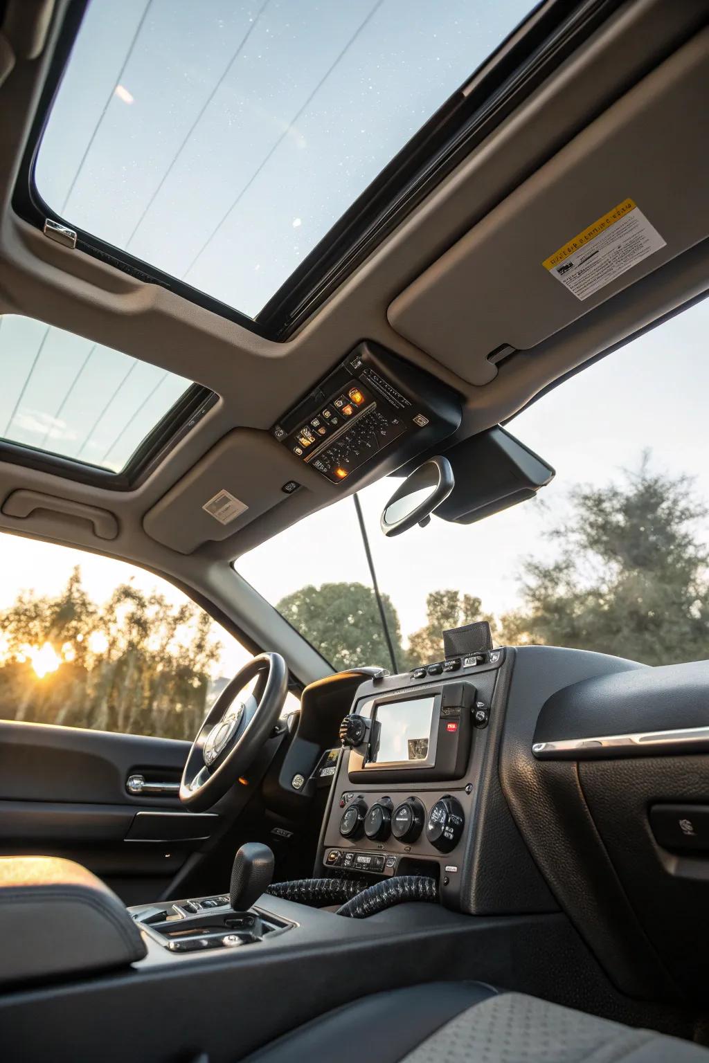 A fold-down sunroof console establishes a refined and concealed communicator device setup.